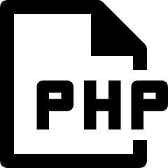 Clean line icon of a document with a folded corner and PHP letters. Used for PHP files, coding, and web development.