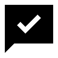Sharp solid icon of a filled chat bubble with a check mark. Used for read messages and chat status.
