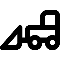 Clean line icon of a scooper truck with a front bucket and two wheels. Used for construction, excavation, and equipment controls.