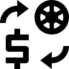 Clean line icon of a dollar sign, exchange arrows, and casino chip. Used for currency exchange and casino payments.