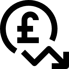 Clean line icon of a pound symbol in circular arrows with a downward arrow. Used for rates, currency decline, and finance.