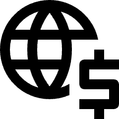 Clean line icon of a globe with a dollar sign. Used for global currency, markets, and finance.