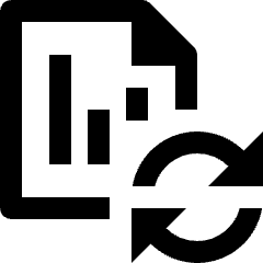 Clean line icon of a document with bar chart and circular refresh arrows. Used for stock records and data syncing.