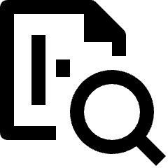 Clean line icon of a folded document with record marks and a magnifying glass. Used for stock record searches.