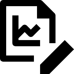 Clean line icon of a document with a rising chart and pencil. Used for editing stock statistics.