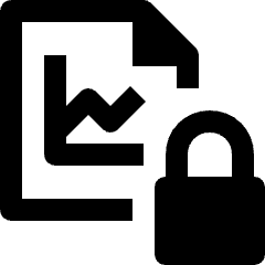 Clean line icon of a document with a rising chart and padlock. Used for secure financial statistics and analytics.
