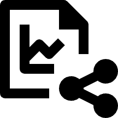 Clean line icon of a report chart with a share symbol. Used for sharing statistics, analytics, and reports.
