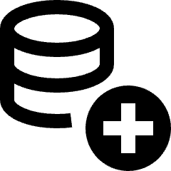 Clean line icon of a database cylinder with a plus sign in a circle. Used for adding databases and data storage.