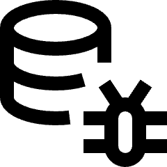Clean line icon of a database cylinder with a bug overlay. Used for database errors, debugging, and data security.