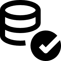 Clean line icon of a database cylinder with a check mark in a circle. Used for approved data, validation, and storage status.