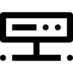 Clean line icon of a server linked to a network bar with circular nodes. Used for databases and network diagrams.