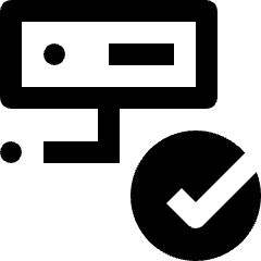 Clean line icon of a database server with a checkmark badge. Used for approved servers and database status.