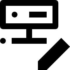 Clean line icon of a server rack with a pencil overlay. Used for database server editing and configuration.