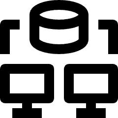 Clean line icon of a database cylinder linked to two computer monitors. Used for servers, databases, and network systems.