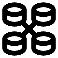 Clean line icon of four database cylinders connected at the center. Used for server networks and data systems.