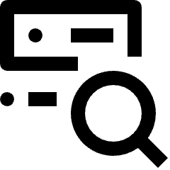 Clean line icon of a server with indicator dots and a magnifying glass. Used for database search and monitoring.