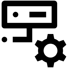 Clean line icon of a server panel with status ports and a gear. Used for database settings, hosting, and system configuration.
