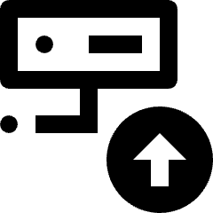Clean line icon of a server linked to a data block and circular upload arrow. Used for server uploads and data storage.