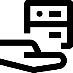Clean line icon of stacked database panels with circular details and a curved link. Used for data sharing and storage.