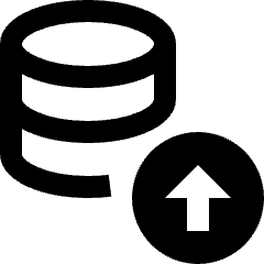 Clean line icon of a database cylinder with an upward arrow in a circle. Used for database uploads and data import.