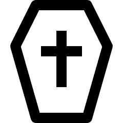 Clean line icon of a coffin with a cross inside. Used for funerals, memorials, cemeteries, and dark themes.