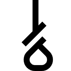 Minimal line icon of a hanging rope with crossed knot loop. Used for crime fiction, danger warnings.