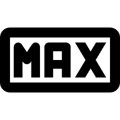 Clean line icon of MAX letters inside a rounded rectangle. Used for maximum values, limits, and media settings.