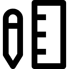 Clean line icon of a pencil beside a ruler. Used for design tools, drafting, and measurement controls.
