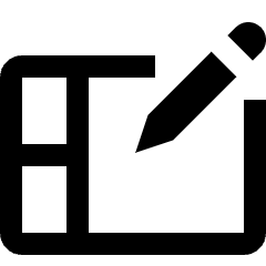 Clean line icon of a tablet with a diagonal stylus and detached button. Used for digital art and design tools.