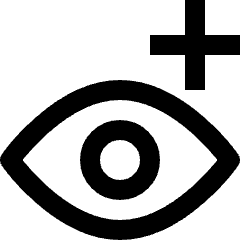 Clean line icon of an eye with a plus sign above its upper right. Used for showing layers and display controls.
