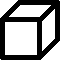 Clean line icon of a three-dimensional box with angled top and right faces. Used for 3D objects, packaging, and product design.