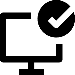 Clean line icon of a desktop monitor with a checkmark in a circle. Used for approved desktop apps and verified screens.