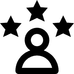 Clean line icon of a person beneath three stars. Used for employee ratings, reviews, and performance awards.