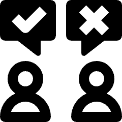 Clean line icon of two chat bubbles, one checked and one crossed, above two user figures. Used for team approvals.
