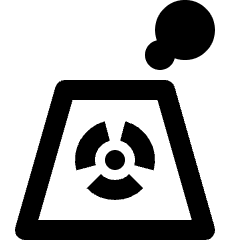 Clean line icon of a radiation symbol inside a trapezoid with two circles above. Used for nuclear energy and reactor interfaces.
