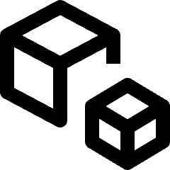 Clean line icon of two isometric open cubes, one large and one small. Used for modules, components, and modular layouts.