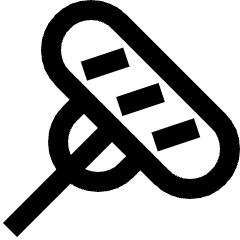 Clean line icon of a diagonal sausage with three rectangular marks and a crossing line. Used for food menus and recipes.