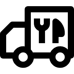 Clean line icon of a box truck with a fork and knife. Used for food delivery and supplier logistics.