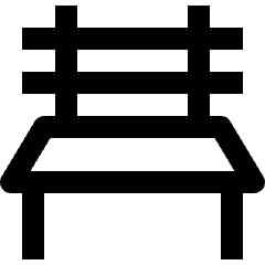 Clean line icon of a bench with three horizontal slats, a seat, and four legs. Used for furniture, parks, and seating.