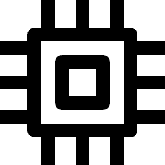 Clean line icon of a computer chip with a square center and pins. Used for hardware, processors, and tech interfaces.