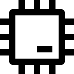 Clean line icon of a square computer chip with pins and inner rectangle. Used for hardware, processors.