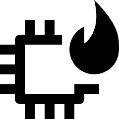 Clean line icon of a computer chip with a flame rising from its right side. Used for overheating and chip temperature.