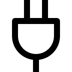 Clean line icon of a power cable with two prongs and a rounded plug. Used for power, charging, and electrical connections.