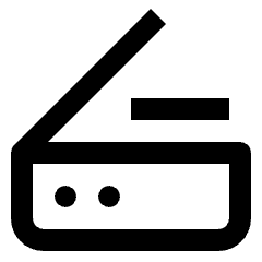 Clean line icon of a flatbed scanner with an open lid and two control dots. Used for scanning, documents, and office apps.
