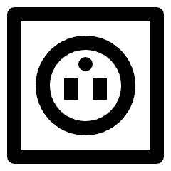 Clean line icon of a wall socket with a circle, dot, and two slots. Used for outlets, power, and electricity.