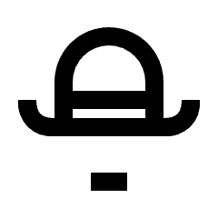 Clean line icon of a bowler hat with curved brim, band, and rectangle below. Used for theater, film, costumes, and comedy.