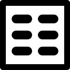 Clean line icon of a medicine package with six capsules in two columns. Used for pharmacy, medicine, and healthcare packaging.