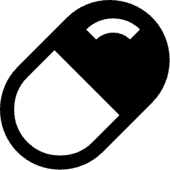 Clean line icon of diagonal capsule split into two sections with curved marks. Used for medicine and pharmacy apps.