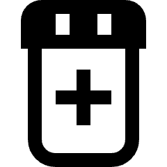 Clean line icon of a rounded medicine container with a plus. Used for pharmacy, medicine, and healthcare.