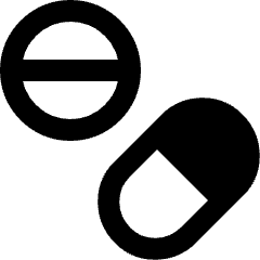 Clean line icon of a scored round tablet and a diagonal capsule. Used for medical drugs, prescriptions, and pharmacies.